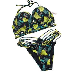 Victoria’s Secret Bombshell Floral Strappy Bikini Set 38C/L Brazilian Bottom NWT